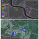 Top: Subsidence rates around Norco, Louisiana, and the location of flood protection levees (shown in white). Bottom: Location of water wells active in 2012, local industry and the Bonnet Carre Spillway. According to NASA, “the highest subsidence forms a bowl within the refinery site to the south of the river.” (Credits: NASA/JPL-Caltech, Esri)